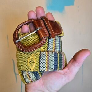 Woven Multicolor Cotton Belt Brown Leather Braided Buckle 36" Medium Made India